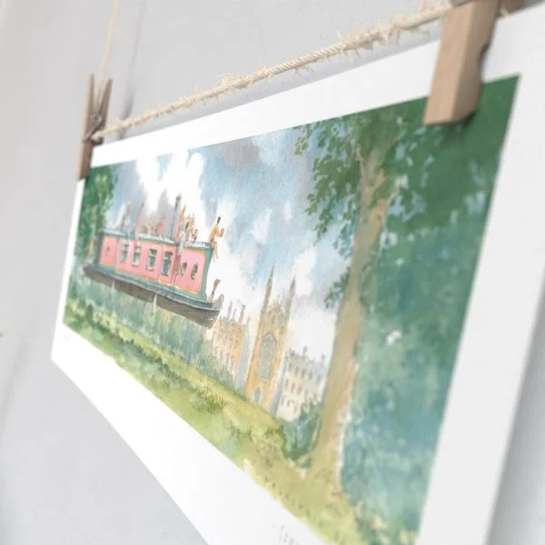 Limited Edition Print of Narrow Boat Over King’s College in Cambridge