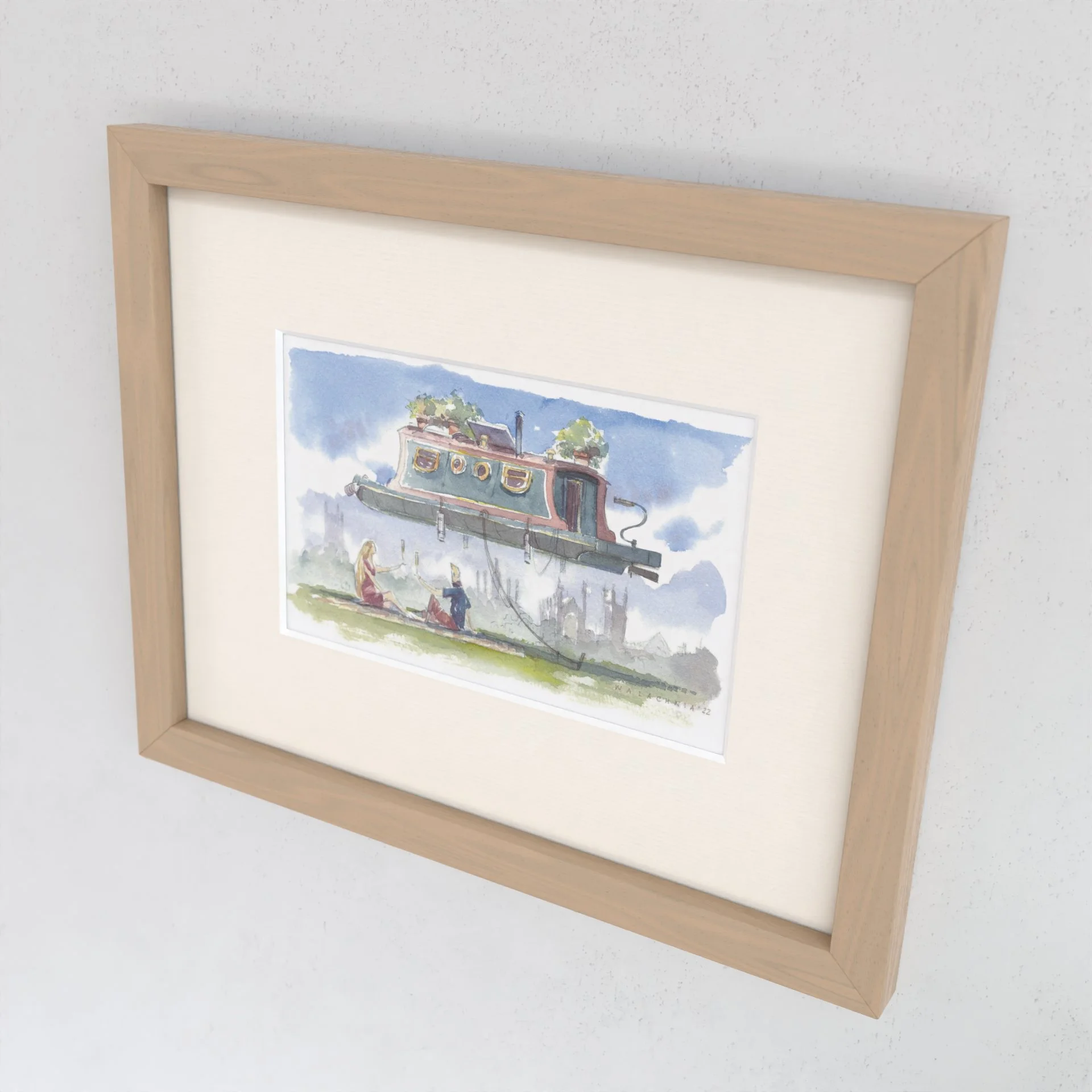 Watercolour showing Picnic Under Narrow Boat a gift for long boat lovers