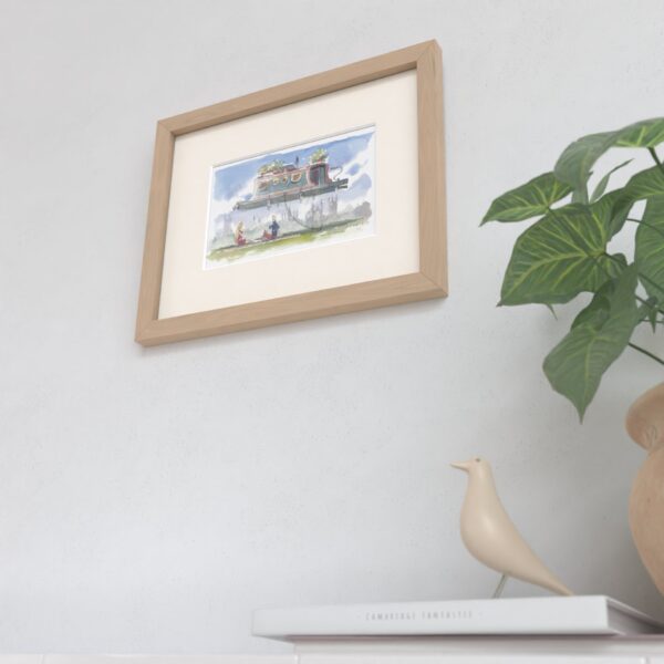 Watercolour showing Picnic Under Narrow Boat a gift for long boat lover