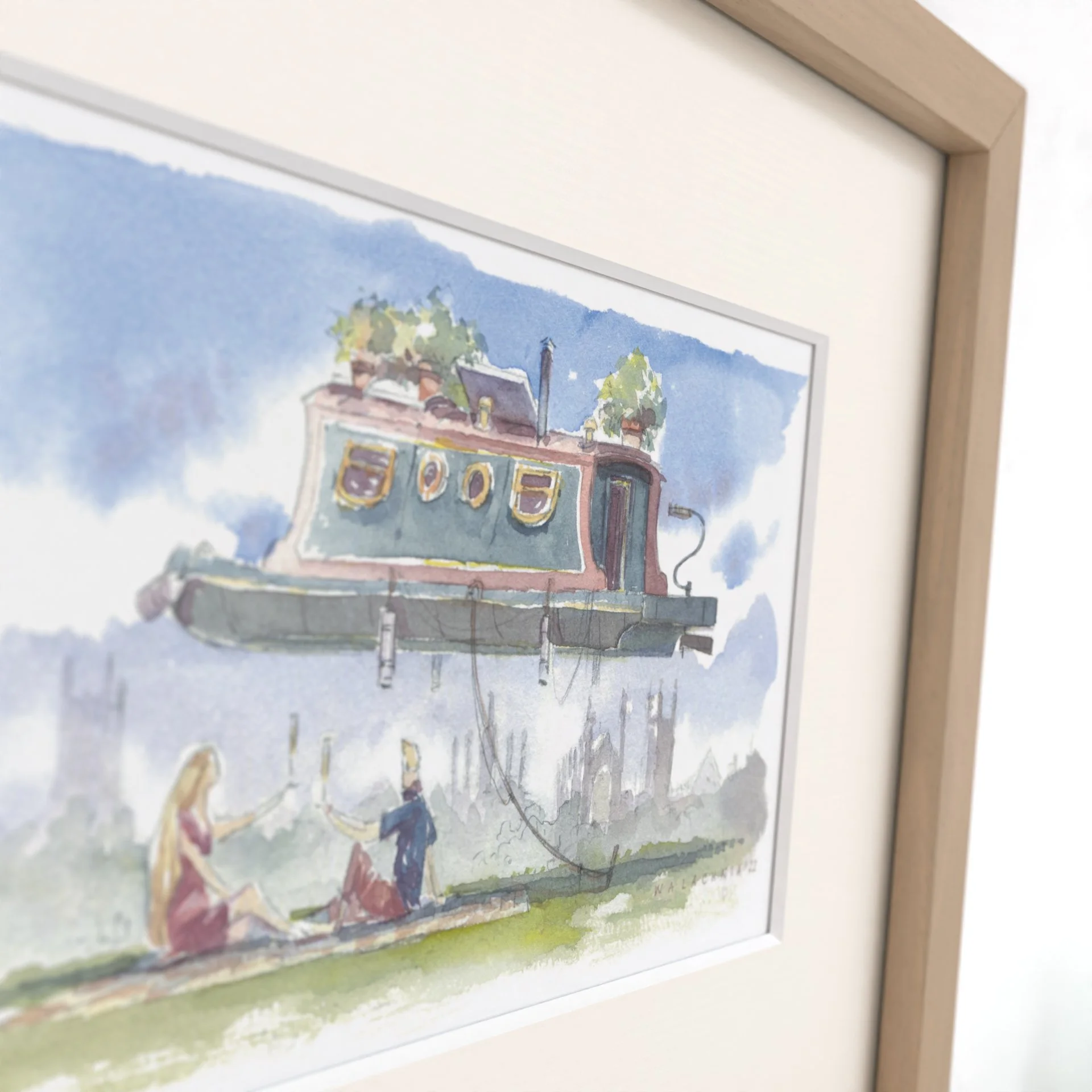 Watercolour showing Picnic Under Narrow Boat a gift for long boat lover