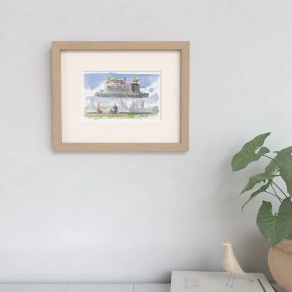 Watercolour showing Picnic Under Narrow Boat a gift for long boat lover