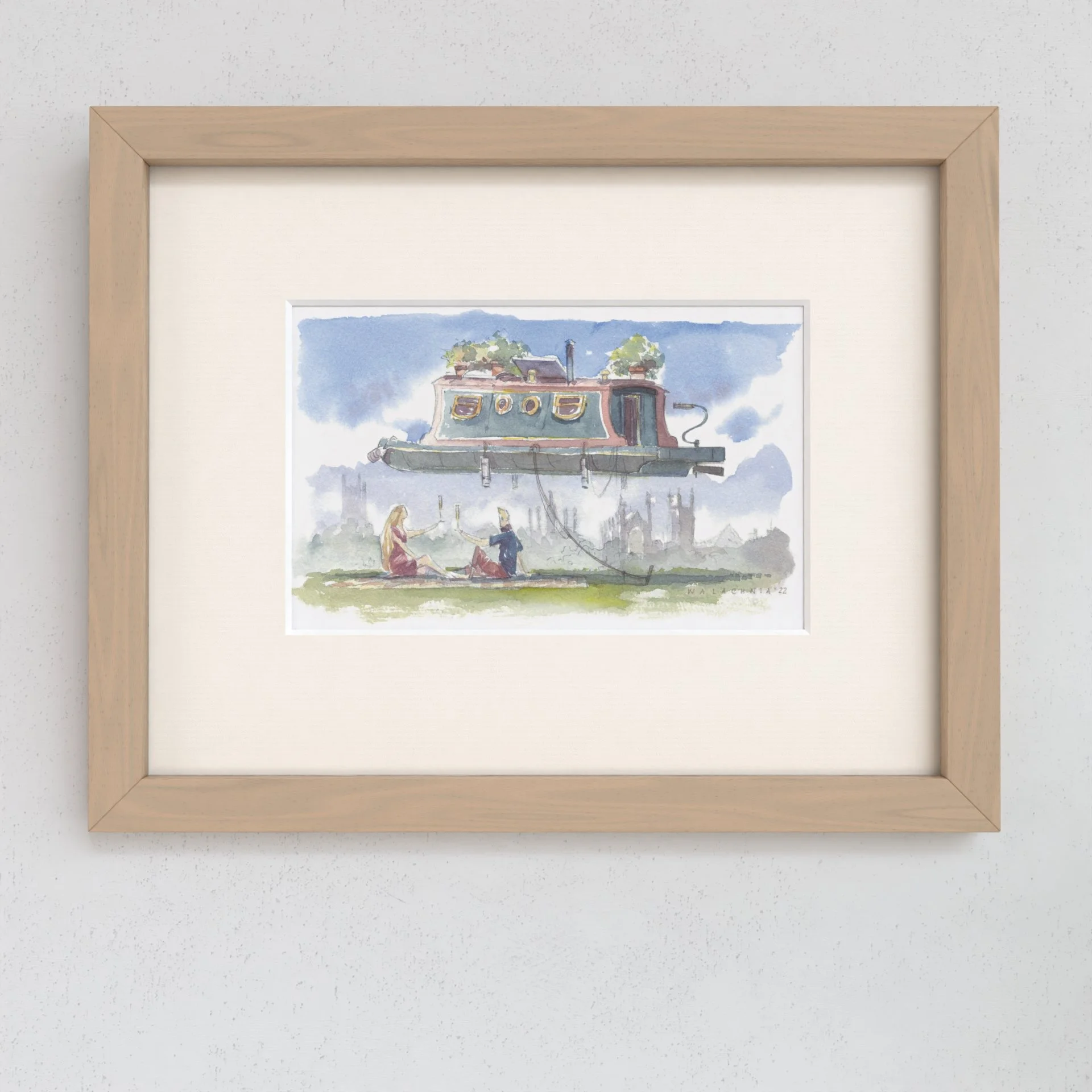 Watercolour showing Picnic Under Narrow Boat a gift for long boat lover