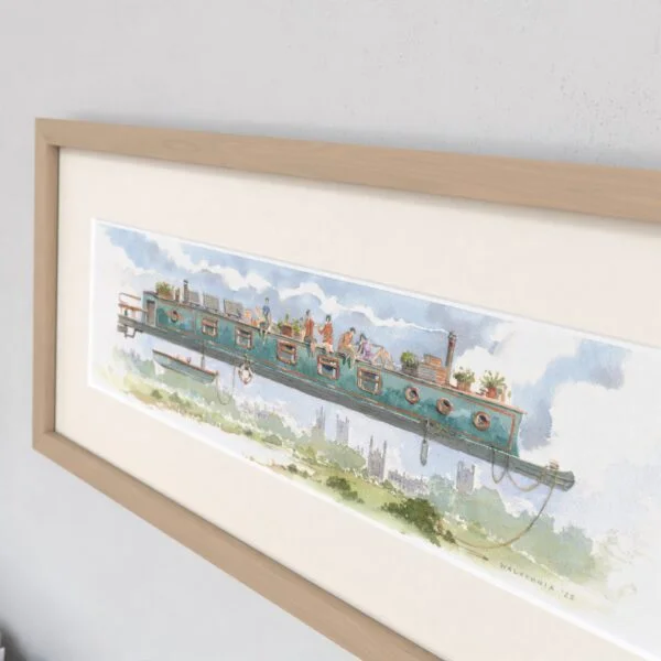 Watercolour painting showing Narrow Boat over King’s College Chapel in Cambridge