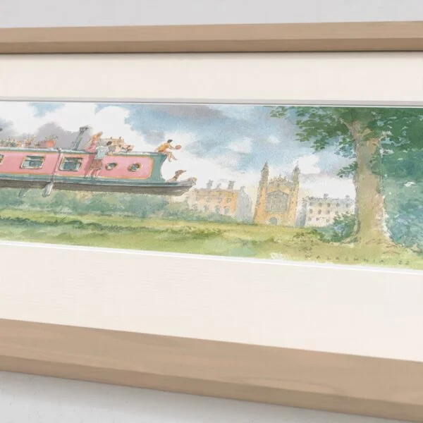 Original Watercolour showing Narrow Boat Over King’s College in Cambridge