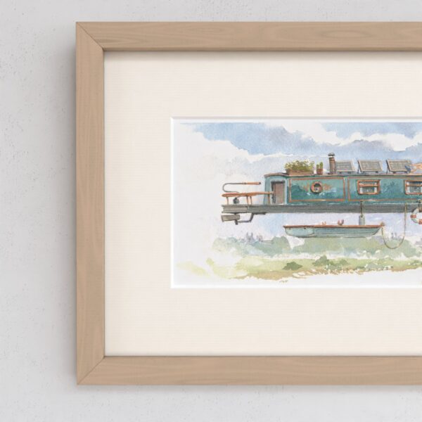 Watercolour painting showing Narrow Boat over King’s College Chapel in Cambridge