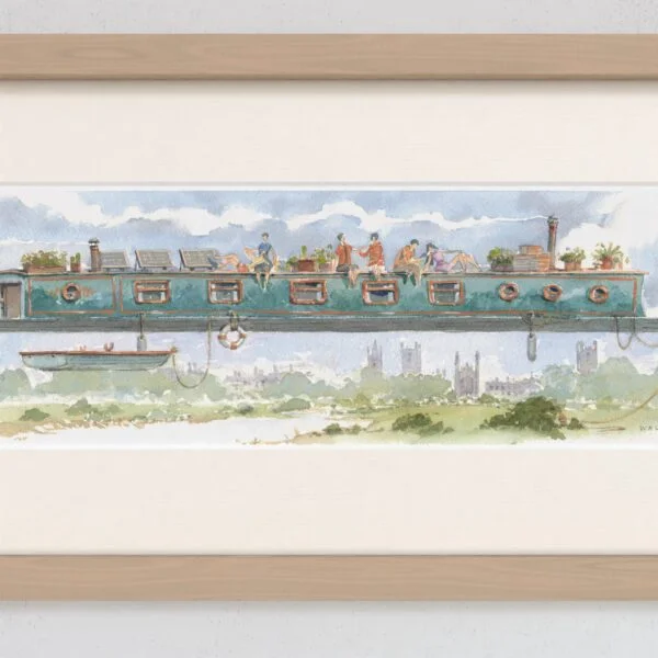 Watercolour painting showing Narrow Boat over King’s College Chapel in Cambridge