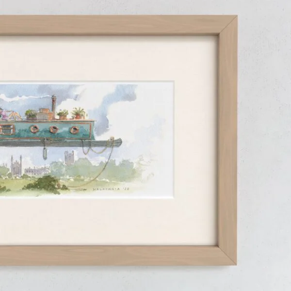 Watercolour painting showing Narrow Boat over King’s College Chapel in Cambridge