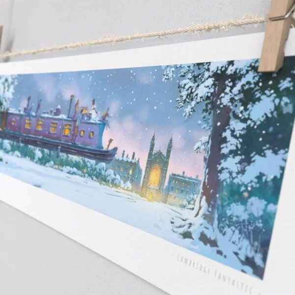 Christmas Edition Print of Narrow Boat Over King’s College in Cambridge