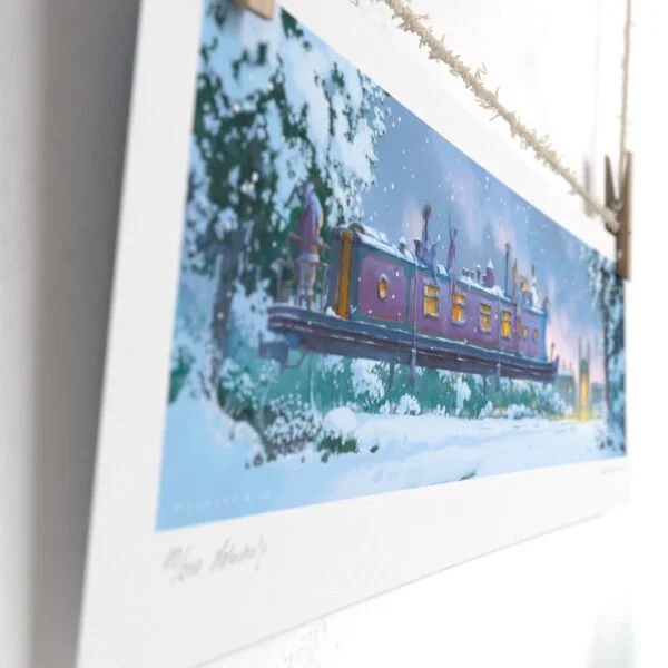 Christmas Edition Print of Narrow Boat Over King’s College in Cambridge