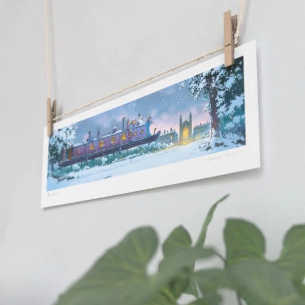 Christmas Edition Print of Narrow Boat Over King’s College in Cambridge