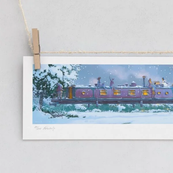 Christmas Edition Print of Narrow Boat Over King’s College in Cambridge