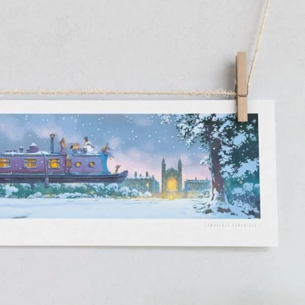 Christmas Edition Print of Narrow Boat Over King’s College in Cambridge