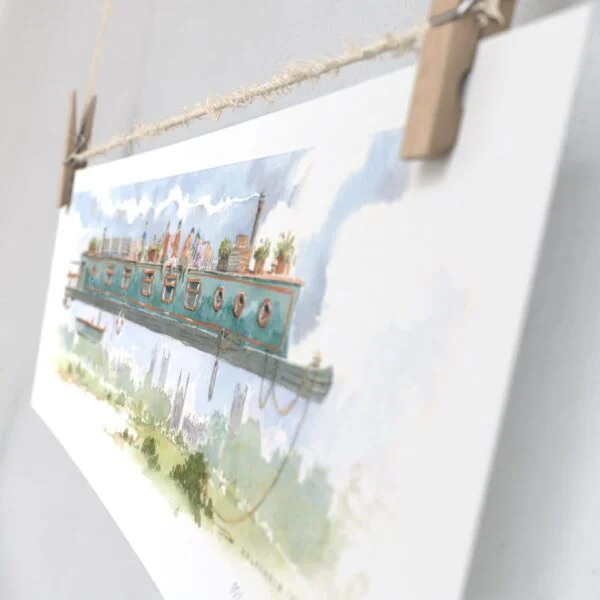 High quality print showing Narrow Boat over King’s College Chapel in Cambridge