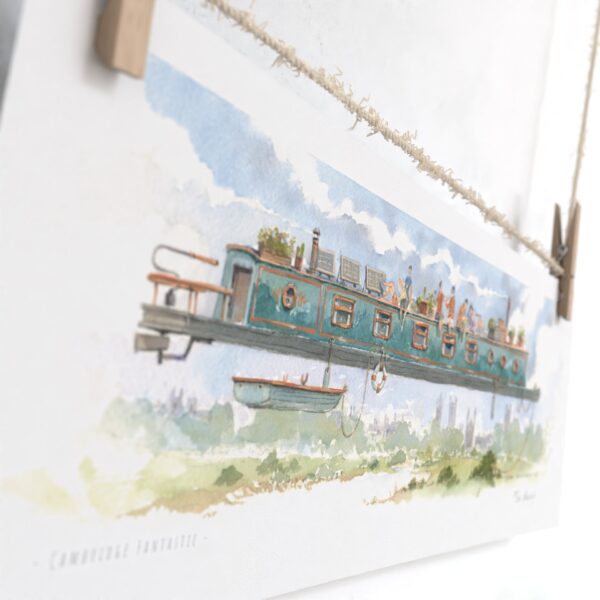 High quality print showing Narrow Boat over King’s College Chapel in Cambridge