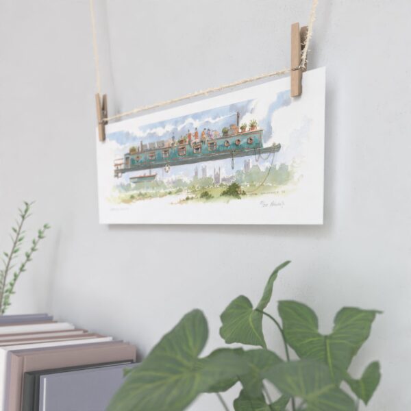 High quality print showing Narrow Boat over King’s College Chapel in Cambridge