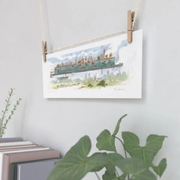 High quality print showing Narrow Boat over King’s College Chapel in Cambridge