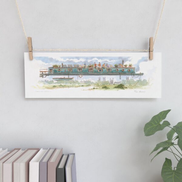 High quality print showing Narrow Boat over King’s College Chapel in Cambridge