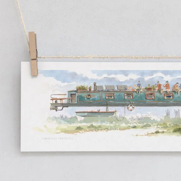 High quality print showing Narrow Boat over King’s College Chapel in Cambridge