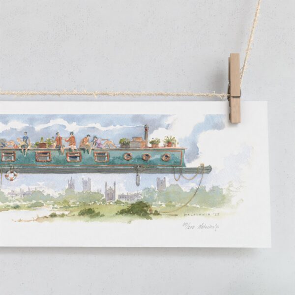 High quality print showing Narrow Boat over King’s College Chapel in Cambridge