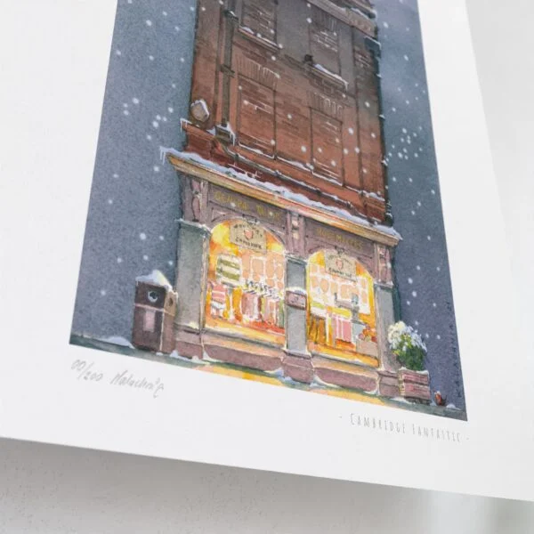 Limited Christmas Winter Edition Print of King's Parade nr22 Cambridge University Store Ryder & Amies in snow