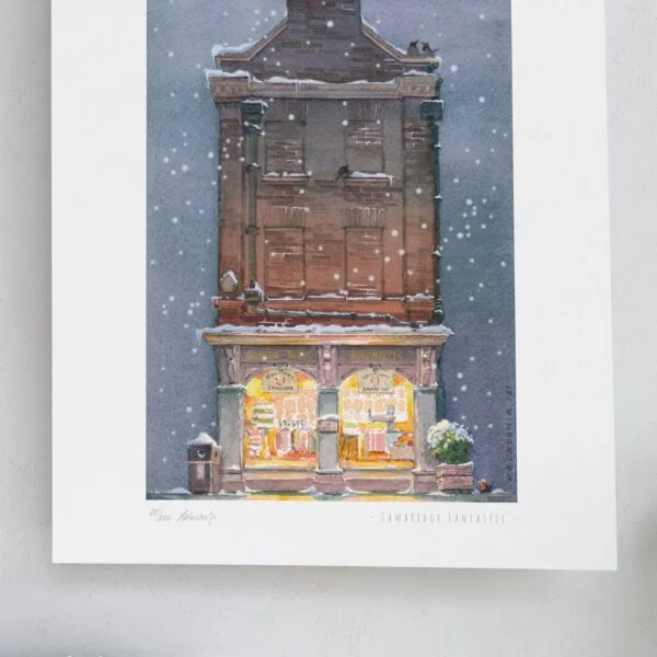 Limited Christmas Winter Edition Print of King's Parade nr22 Cambridge University Store Ryder & Amies in snow