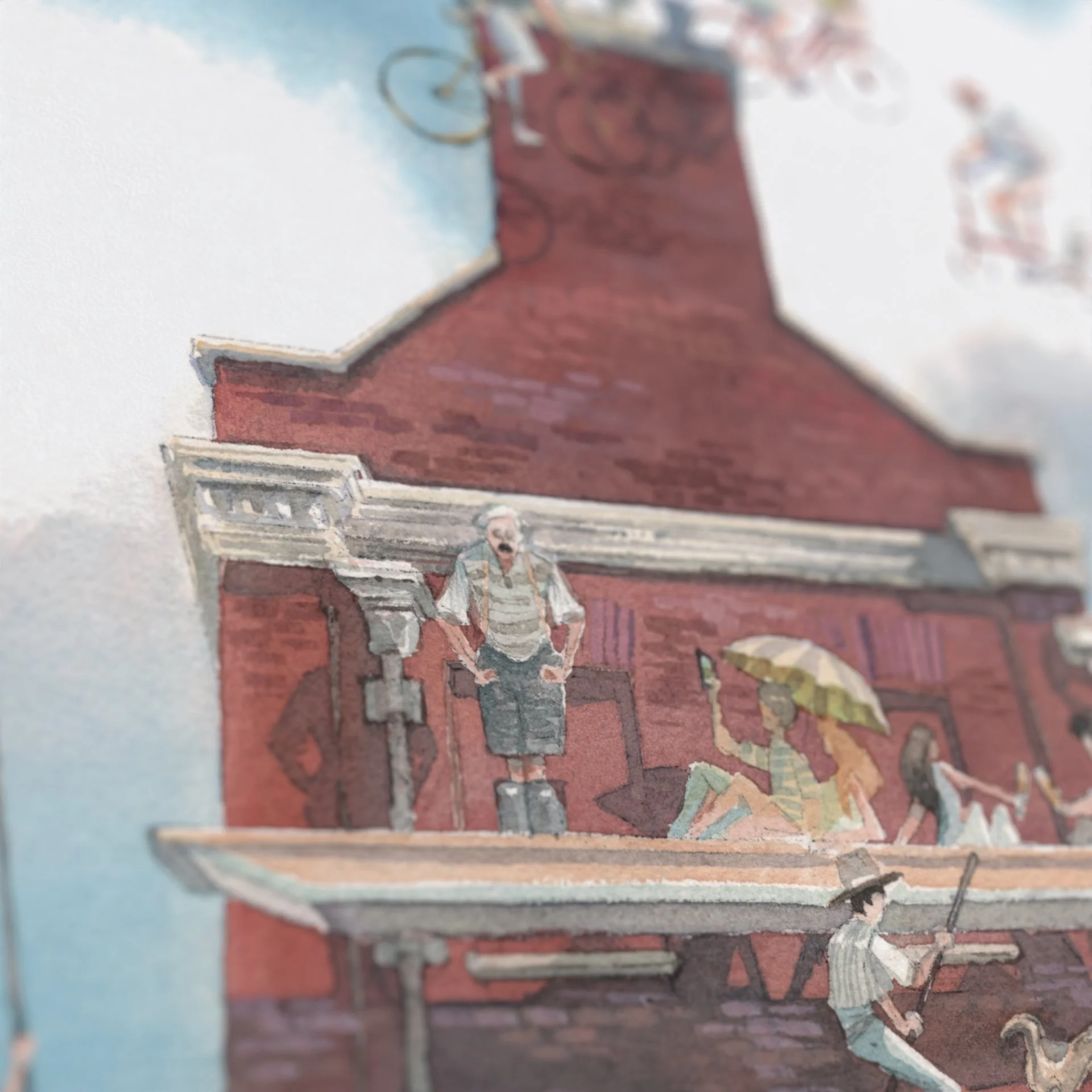 Detail showing Monty Python's Gumby Character punting over Cambridge University Store Ryder & Amies 