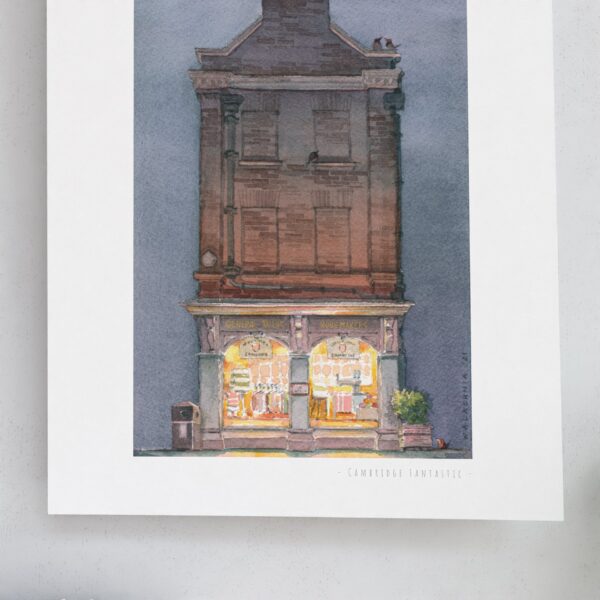 Limited Edition Print showing King's Parade nr22 Cambridge University Store Ryder & Amies at Night