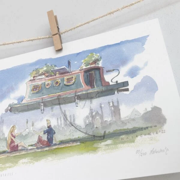 Picnic Under Narrow Boat print for long boat lovers