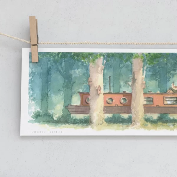 Watercolour of Barge Between Trees Limited Print