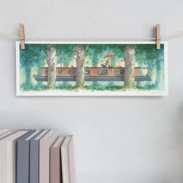 Long and Narrow  Boat Barge Between Trees Print