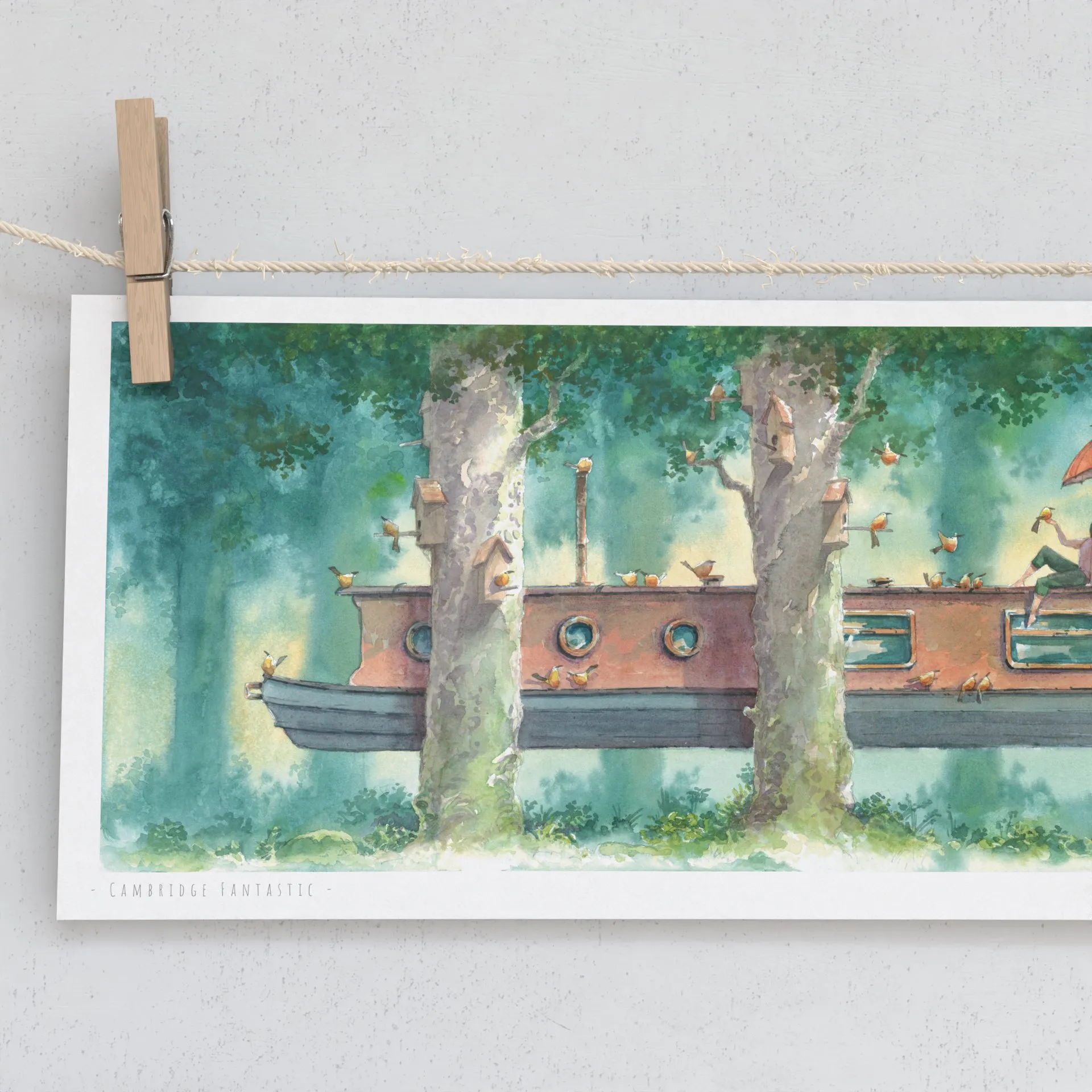 Long and Narrow  Boat Barge Between Trees Print