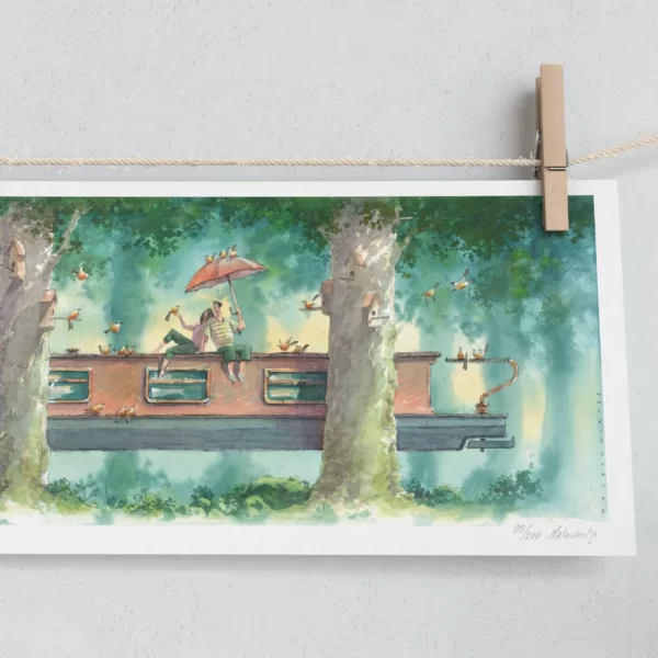 Long and Narrow  Boat Barge Between Trees Print